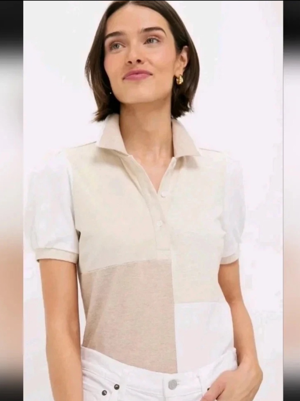 Tuckernuck Sandstone Colorblock Pique Puff Sleeve Peggy Polo Shirt Size M